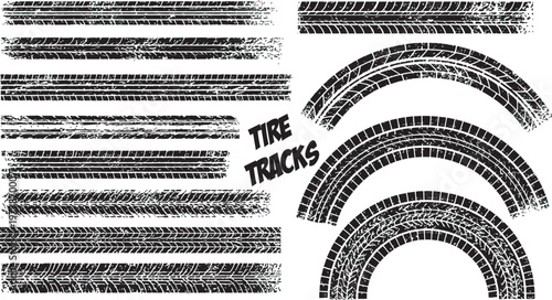 Set of grunge tire tracks and tire tread patterns on a white background