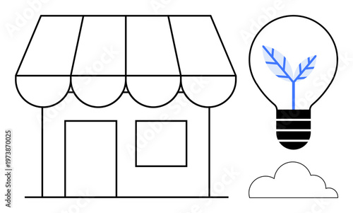 Small business, sustainability, eco ideas, innovation, green energy, entrepreneurship. Black-and-white shopfront with a light bulb a tree branch design. Small business and sustainability concept