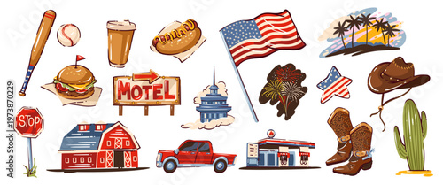 USA travel icon set with flag, motel sign, burger, hot dog, cowboy boots, pickup truck and cactus. Road trip and culture symbols for America travel, cartoon vector illustration.