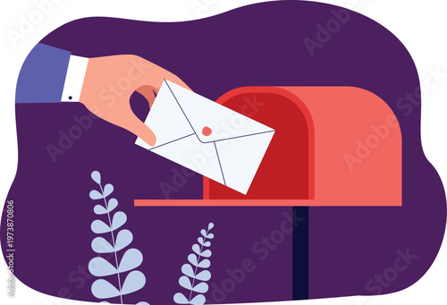 Hand of postman putting letter or envelope into open mailbox