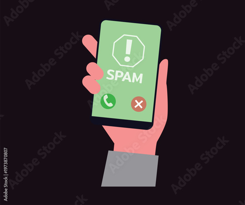 Hand holding smartphone with spam call warning on screen