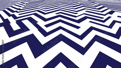 Abstract blue and white zigzag maze pattern with geometric lines creating optical illusion depth modern minimalist background design seamless repetition