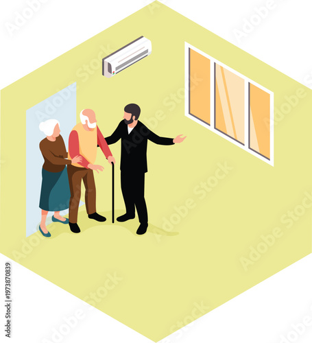 Isometric home visit scene with agent discussing services to elderly couple indoors, showcasing consultation, support, care, and assistance concept