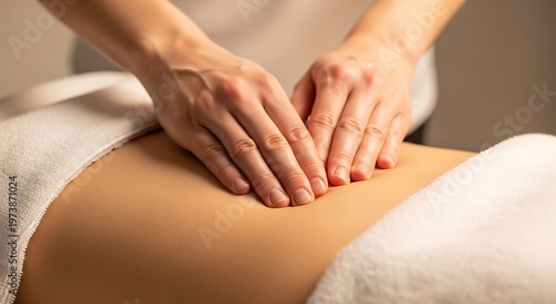 Therapist's hands gently massaging a person's abdomen with a towel
