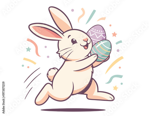 Cute cartoon Easter bunny rabbit running happily with two decorated eggs and colorful confetti in a festive illustration.