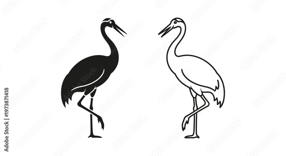 Fototapeta premium Black and White Crane Bird Silhouettes: Striking Nature Art Vector