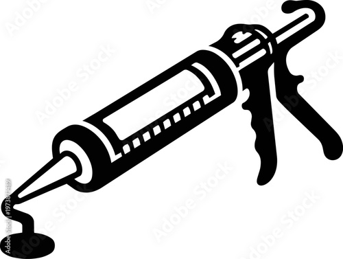 Flat vector illustration of a caulking gun applying sealant. Minimal black silhouette style with clean lines, representing construction, repair, and home improvement work. Ideal for tools, DIY
