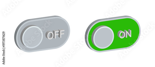 3D Toggle Switch Icons – ON and OFF UI Buttons in Green and Grey, Minimal Modern Interface Design