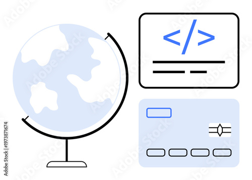 Global economy, online transactions, coding, software development, digital payments, e-commerce. Simplified globe illustration, coding symbol and credit card. Global economy and online transactions