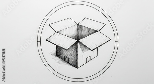 Simple open cardboard box inside circle.