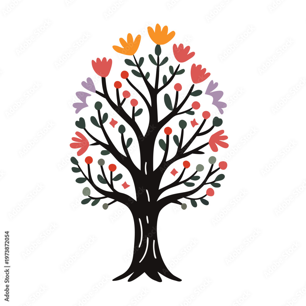 Obraz premium Stylized Decorative Tree Flat Vector Illustration, Botanical Nature Design for Seasonal, Wall Art and Poster Projects