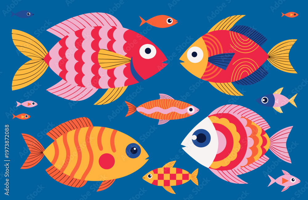 Fototapeta premium Colorful Tropical Fish Illustration Flat Vector on Dark Background, Marine Life Design for Ocean Theme and Aquarium Projects