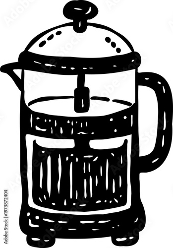 French press coffee maker, hand-drawn doodle line art with imperfect, playful lines. Minimalist vector illustration