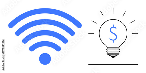 Digital connectivity, cost efficiency, business solutions, innovation, technology, wireless communication. wireless signal icon and lightbulb with dollar sign. Digital connectivity and cost