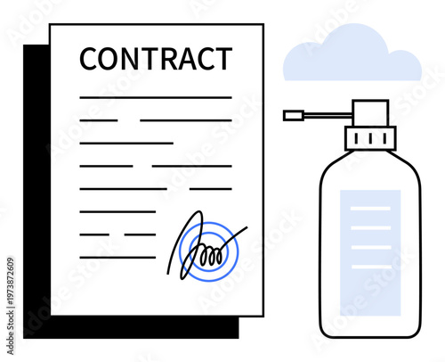 Legal documents, workplace hygiene, safety, business agreements, trust, health protocols. A signed contract alongside a hand sanitizer bottle. Legal agreements and workplace hygiene