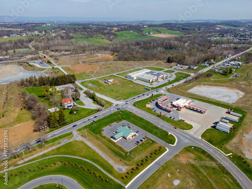 Aerial view of a large modern industrial warehouse and distribution center