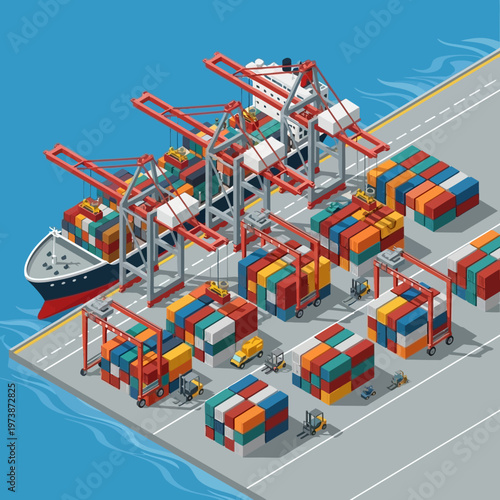 Busy Port Scene - Container Ship Unloading with Cranes.