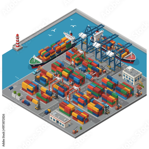 Isometric View of a Busy Container Port with Ships and Cranes.