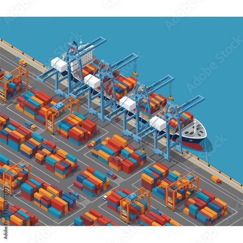 Busy Container Port with Cranes and Cargo Ship Isometric View.