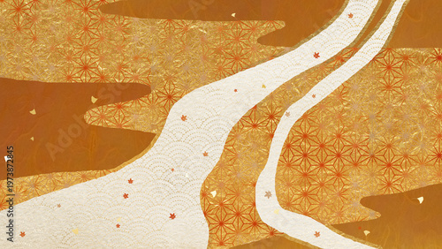 金紅葉　青海波　和風　背景素材　自然　中朝