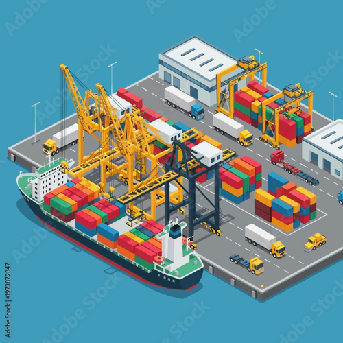Isometric Cargo Ship Unloading at Port with Cranes and Containers.