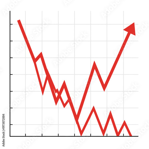 Line graph displays fluctuating market trends with an upward arrow.