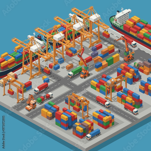 Isometric Port Scene with Cranes, Ships, and Cargo Containers.
