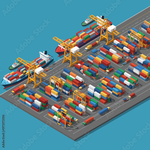 Isometric Port Scene with Cargo Ships and Container Stacks.