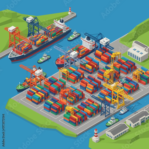 Isometric Port Scene with Cargo Ships and Container Stacks.