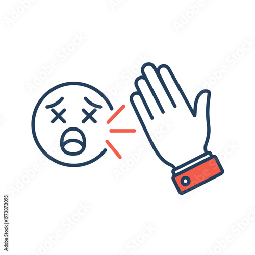 An emoji face with crossed-out eyes and an open mouth is being hit by a hand.