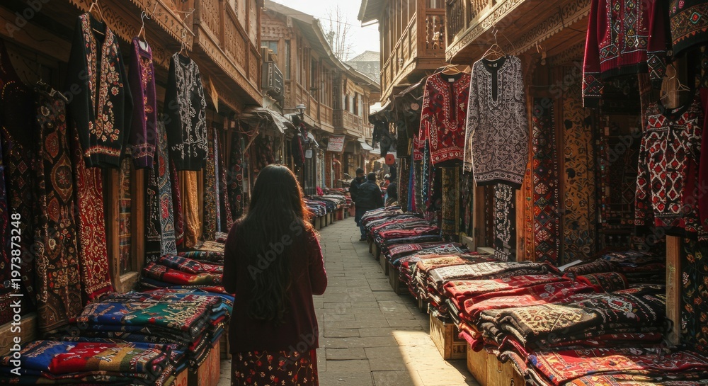 Obraz premium Woman walking through market stalls.