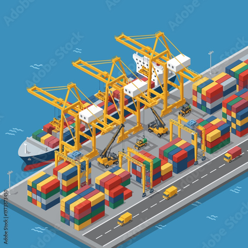 Busy Cargo Port with Cranes and Container Stacks Illustration.