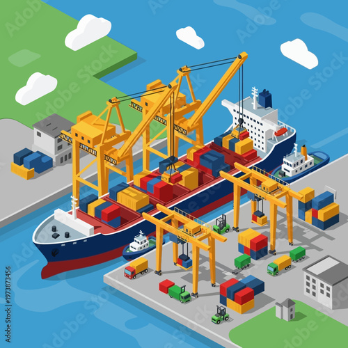 Cargo Ship Unloading Containers at Port with Cranes Illustration.