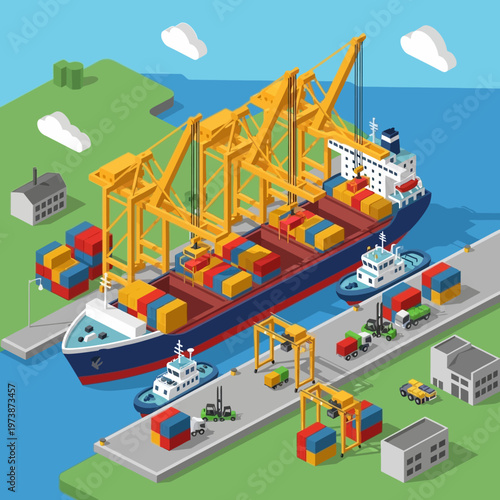 Isometric Cargo Ship Unloading Containers at Port Terminal.