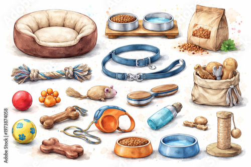 SET - Watercolor illustration of pet accessory collection isolated on white background. Set of dog and cat supplies including bowl, toy, bed, leash, food bag for pet
