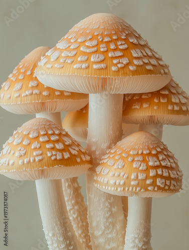 A group of mushrooms with white spots on them