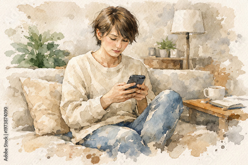 Watercolor illustration of a young woman sitting on a sofa and using a smartphone. Relaxed girl lifestyle, browsing social media or texting at home. Concept of digital communication and cozy leisure