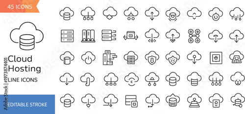 Cloud hosting line icons set, modern minimal outline symbols for data storage, server network, cybersecurity, database, cloud computing technology illustration