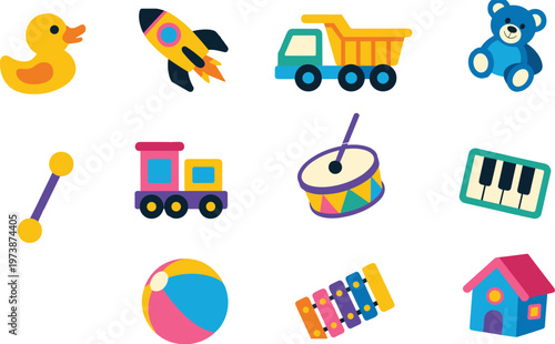 Colorful kids toys illustration set, cartoon play objects collection, educational toys icons, children learning assets, cute playful vector design