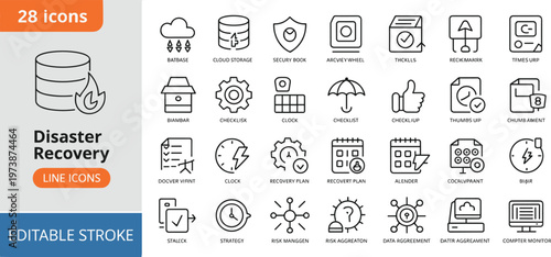 Disaster recovery line icons set, data protection, backup system, cybersecurity, cloud storage, risk management, business continuity, editable stroke vector
