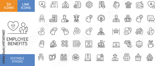 Employee benefits line icons set for HR, healthcare, insurance, finance, wellness programs, editable stroke vector collection for modern UI design