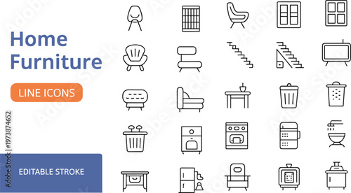 Home furniture line icons set, interior outline symbols for kitchen, bathroom, living room, appliances, decor, modern household equipment and design elements