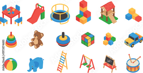 Isometric kids playground toys set, colorful 3D objects including blocks, swing, slide, drum, ball and educational play equipment for children