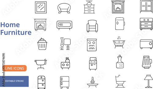 Home furniture line icons set, outline interior objects including sofa, chair, kitchen appliances, bathroom fixtures and modern household equipment collection