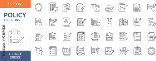 Policy line icons set, legal document outline symbols for compliance, contract, checklist, regulation, approval, business rules and documentation management system