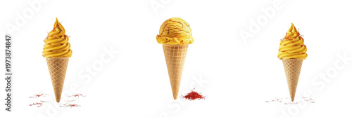 Billede på lærred Saffron Ice Cream Cone with saffron strands (Crocus sativus) on white floor