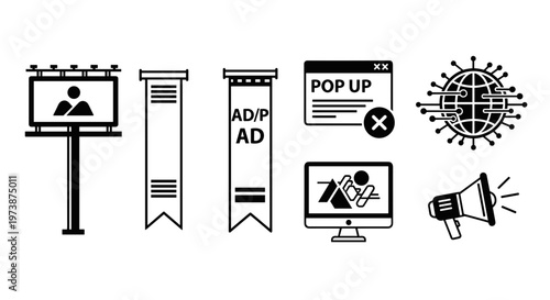 Advertising icons on white background.