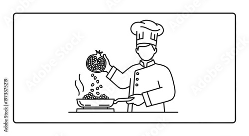 Chef adding pomegranate seeds to food in a pan, cooking, culinary, healthy food, line art