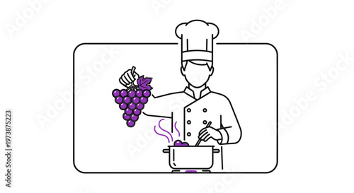 Chef Cooking Grapes in Pot with Steam, Culinary Art, Healthy Food Preparation