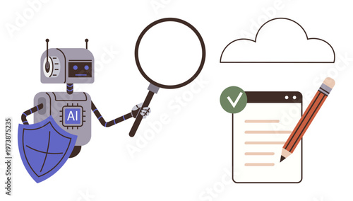 Artificial intelligence, data security, cloud computing, task management, digital authentication, technology concept. Robot with magnifying glass, checklist with pencil and cloud. Data security